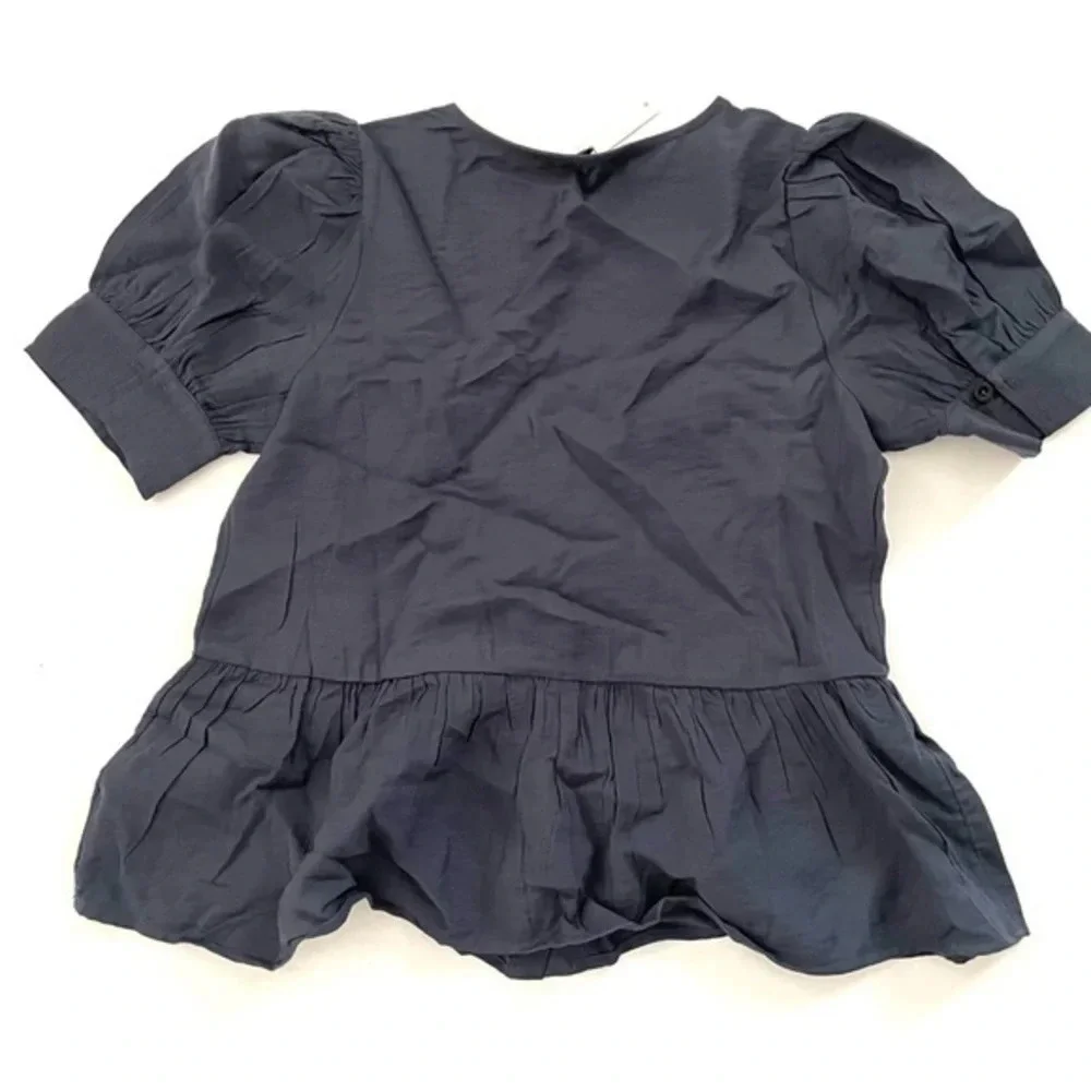 New Madewell Drapeweave Puff-Sleeve Peplum Top XS Dark Baltic